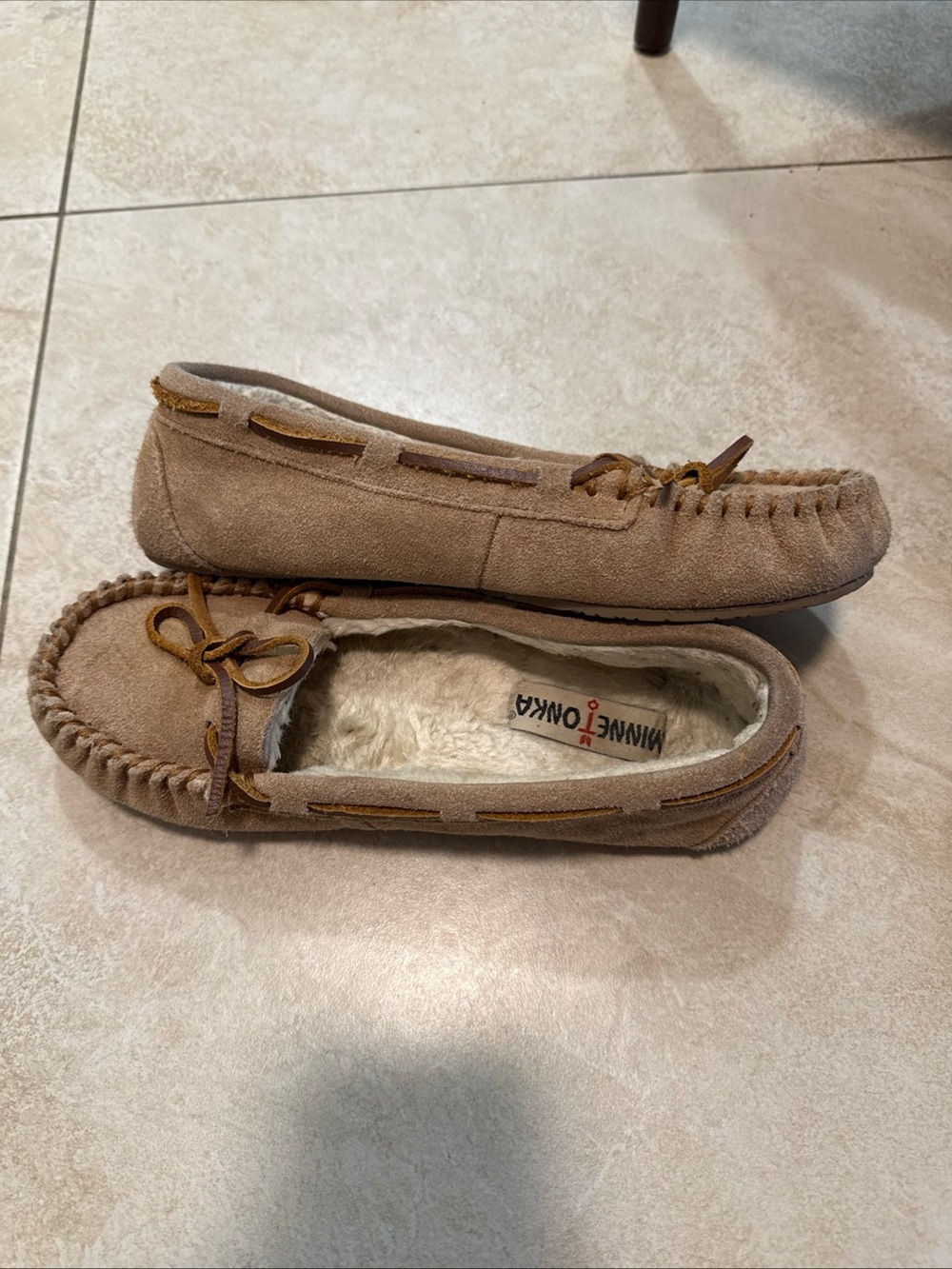 Minnetonka Taupe Suede Moccasins with Bow Detail